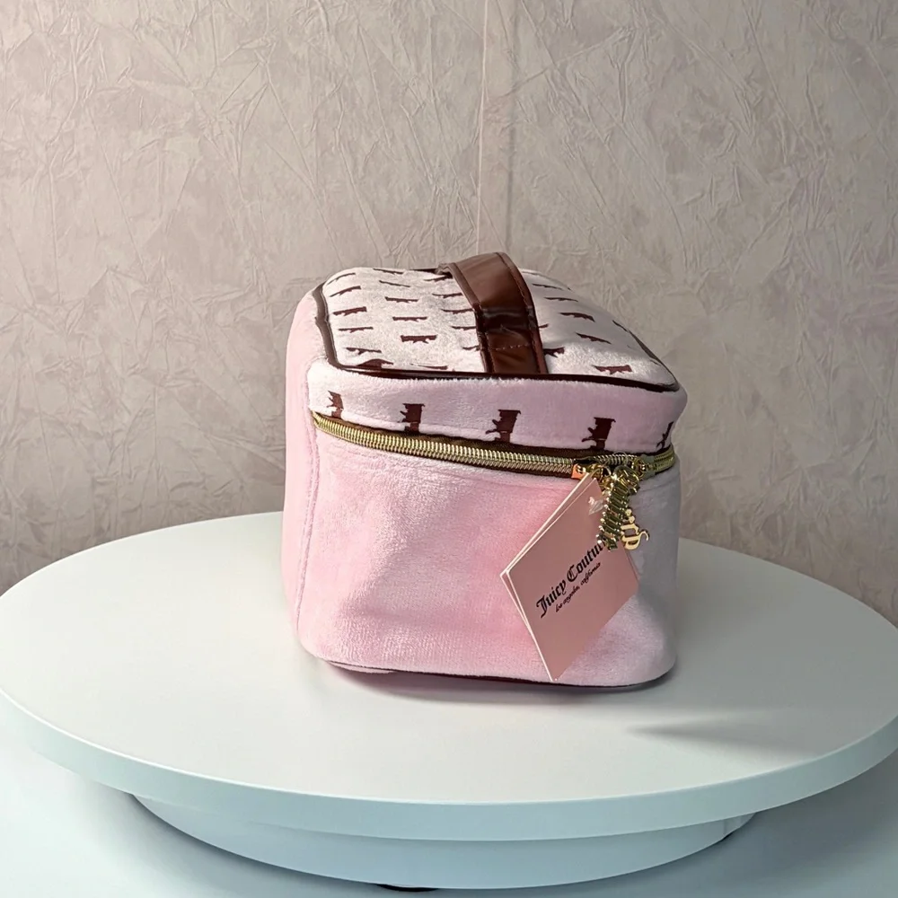 Juicy Couture Pink Cosmetic Case with Gold Accents Travel Case Train Case Makeup
